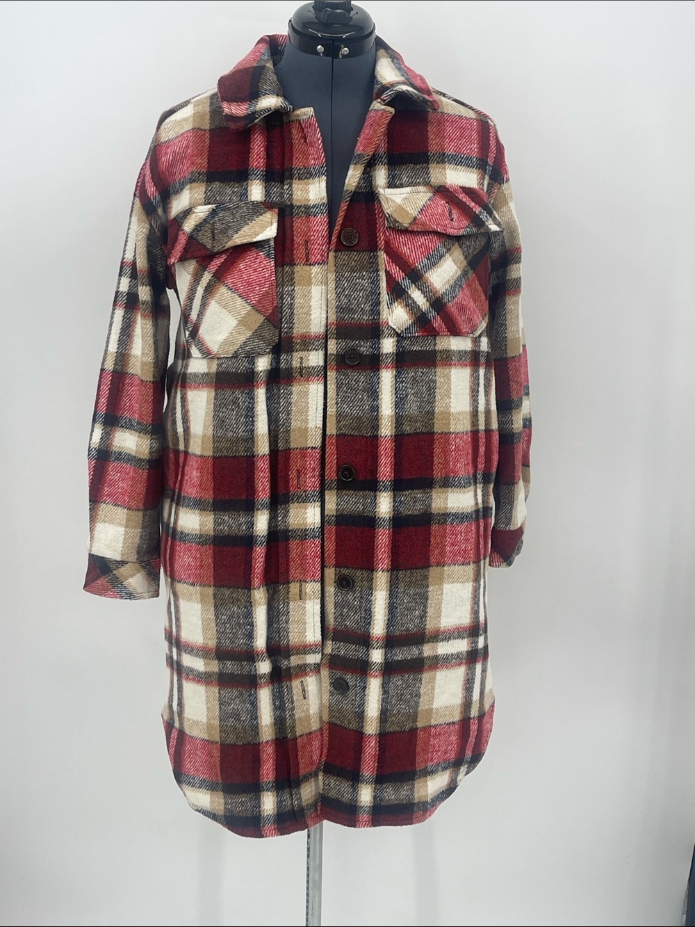Maurices Plaid LONG JACKET/SHIRT in Red, Cream, Black WOMENS SIZE S